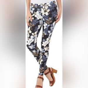 NWT HUE Women's Black Gray Blue Floral Pull Up Elastic Waist Jeggings XL